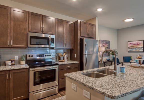 a kitchen with granite countertops and stainless steel appliances at Sapphire at Centerpointe in Midlothian, VA 23114
