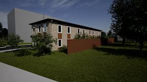 A modern house with a grey exterior and a brown fence.