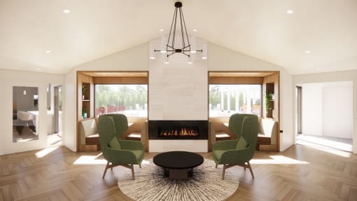 a rendering of a living room with a fireplace and two green chairs