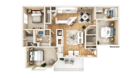 3 Bedroom 2 Bath 1,540 Sq.Ft. MontClaire Floor Plan at The Mill at Chastain, Kennesaw, 30144