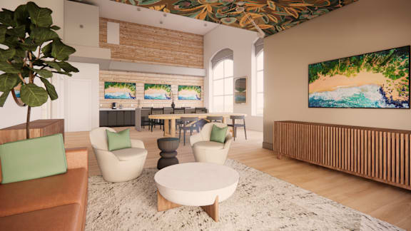 A living room with a large painting on the wall and a tree in the corner.