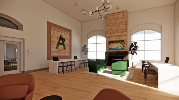 A living room with a fireplace and a large letter A on the wall.