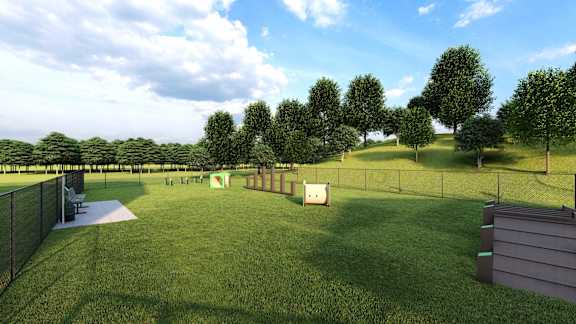 a rendering of a dog park with agility courses and trees