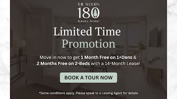 A promotional image for The Woods at 180 Kanaal Ave offering a limited time promotion.