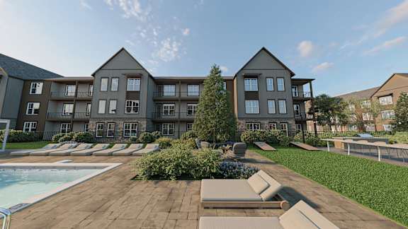 Poolside Relaxation Area at Heritage on Hover Apartments, Longmont, 80503