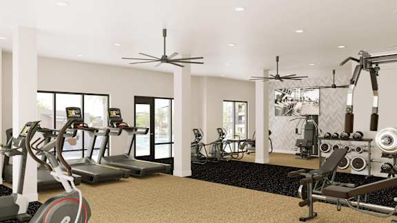 a gym with treadmills and other exercise equipment in a building with windows at The Concord Apartments, Sarasota , FL 34240