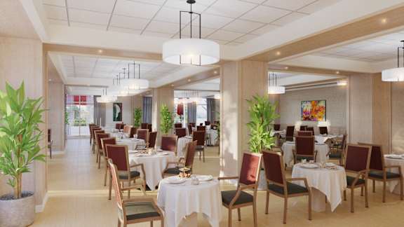 a rendering of a dining room with tables and chairs