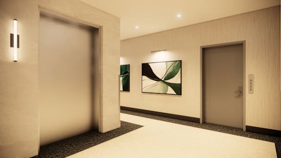 A hallway with two doors and a painting on the wall.