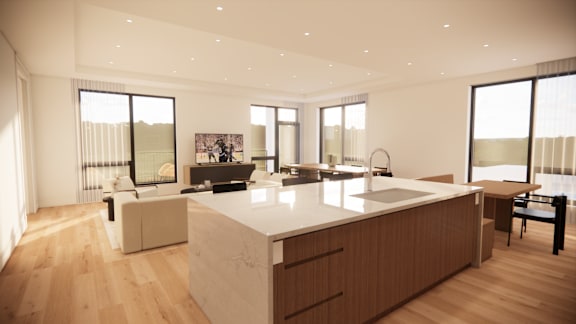 A modern kitchen with wooden floors and a large island.