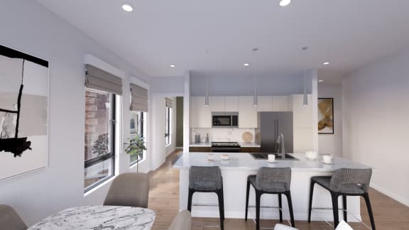 a rendering of a kitchen and dining area in a 555 waverly unit