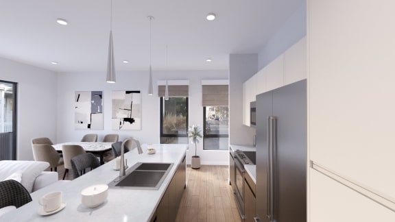 a rendering of a kitchen and living room in a 555 waverly unit