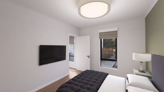 a bedroom with a large bed in a room