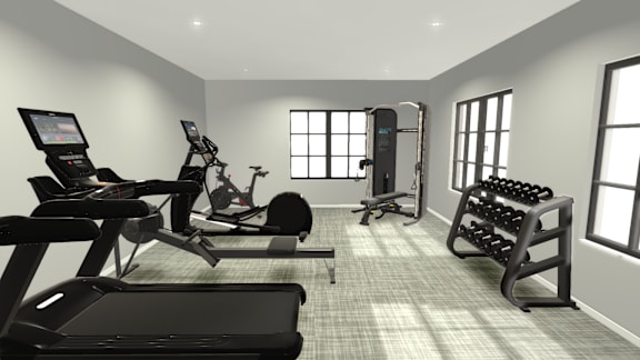 A well-equipped gym with treadmills, stationary bikes, and dumbbells.