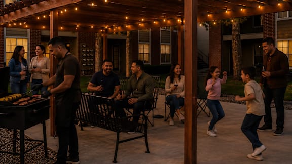 A group of people are gathered around a table under a string of lights.at Las Lomas Apartments, Texas, 79912