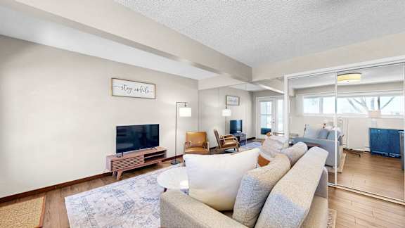 A living room with a sofa, a television, and a rug.