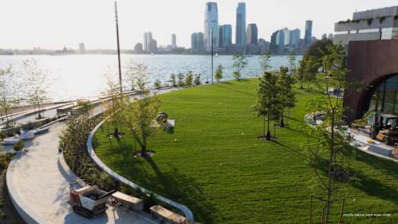 A park with a grassy area and a city skyline in the background.