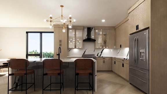 A modern kitchen with a bar area and a refrigerator.