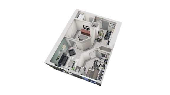 A 3D floor plan of a small apartment with a kitchen, living room, and bathroom.