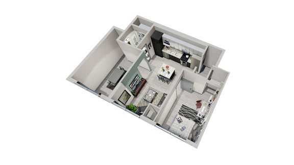 A 3D floor plan of a house with a kitchen, living room, and bathroom.