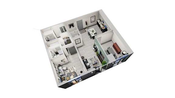 A top down view of a house with a kitchen, living room, and bedrooms.