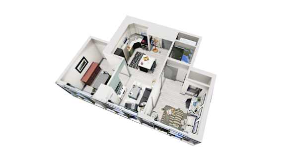 A white model of a house with a kitchen and living room.