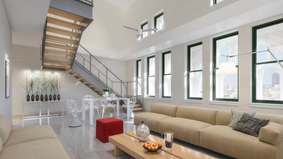 Living Room Rendering at Arcade Artist Apartments, St Louis, MO