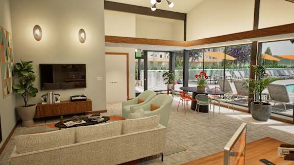 a living room with a couch and a table with chairs