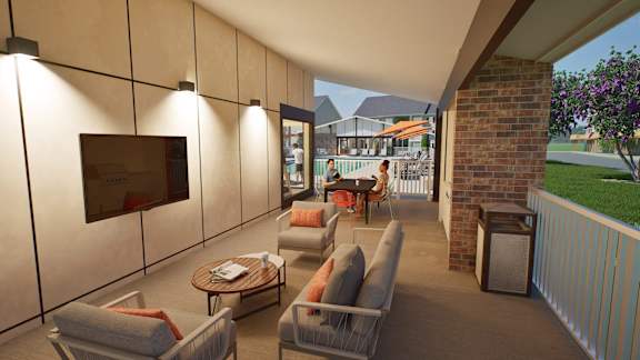 a rendering of a living room with couches and a table