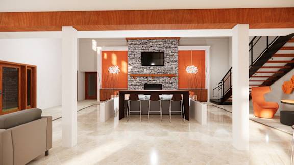 A modern living room with a stone fireplace and a staircase.