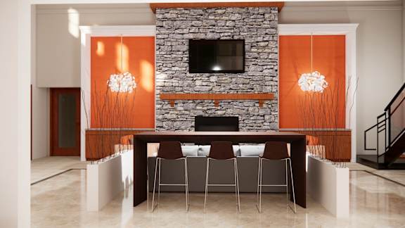 A modern living room with a stone fireplace and a TV above it.