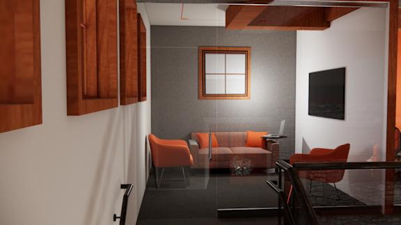 A living room with a grey floor and orange chairs.