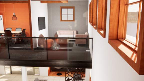 A modern living room with a glass table and chairs.