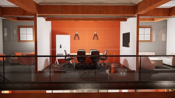 A conference room with a glass table and chairs.