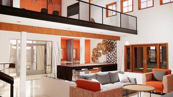 A living room with a couch, chairs, and a table.
