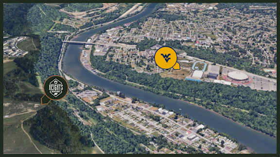 Aerial view of city at Heights at Black Bear Apartments, Morgantown