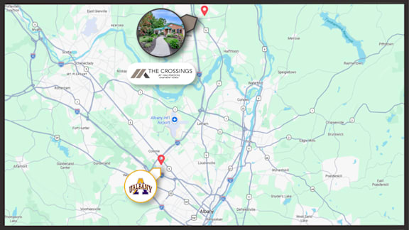 A map with a highlighted area and a circle with a location marker. at The Crossings at Halfmoon Apartments, Clifton Park, NY 12065