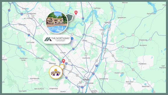 A map with a yellow circle highlighting a location named  at The Northway at Clifton Park Apartments, Clifton Park