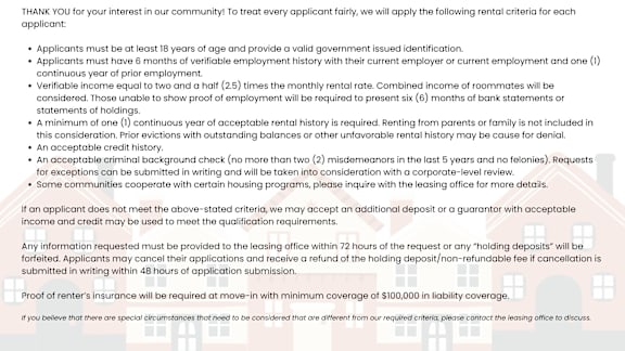A document outlining rental criteria and application process.