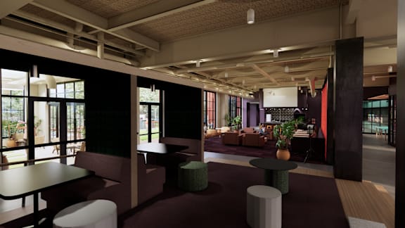 A modern cafe with a view of the outdoors. at University Commons in Pittsburgh, PA