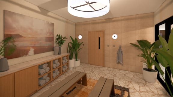 a rendering of a bathroom with a large painting and potted plants