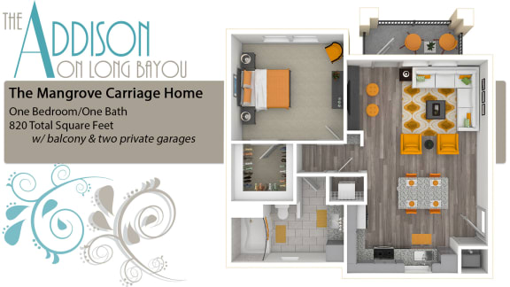 Floor Plan  1 bed 1 bath B at The Addison on Long Bayou Apartments, Seminole
