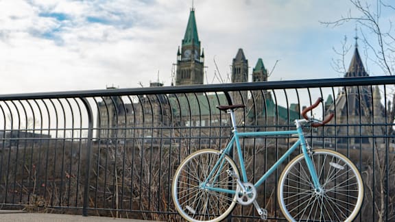 A blue bicycle is leaning against a fence in front of a building with a green dome.