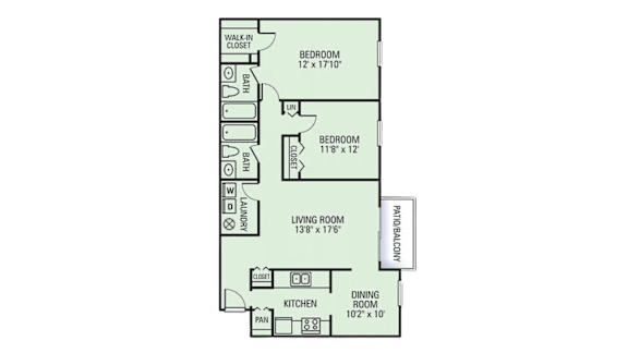 A floor plan of a house with a living room, two bedrooms, a kitchen, and a dining room.