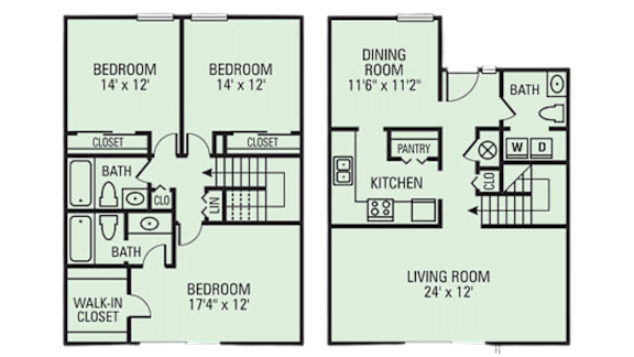A floor plan of a two-story house with three bedrooms, a living room, a dining room, a kitchen, and two bathrooms.