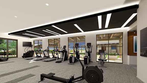 a rendering of a gym with cardio equipment and windows