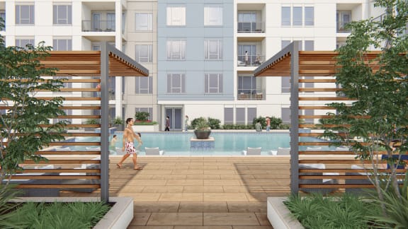 a rendering of an apartment building with a pool in the foreground