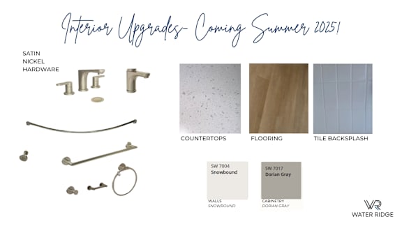 A slide showcasing interior upgrades for summer 2025, including various hardware and tile options.