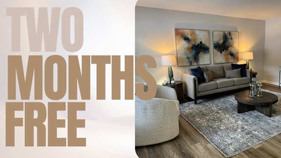 A living room with a couch, armchair, and coffee table is featured in an advertisement for a two-month free offer.
