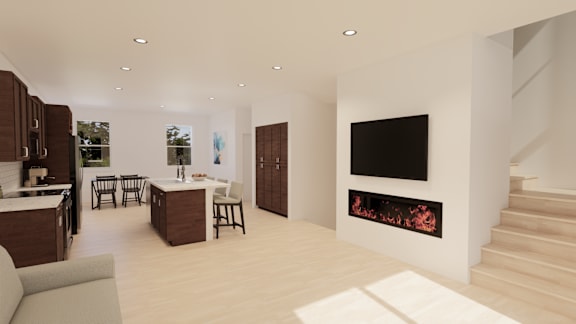 A modern living room with a fireplace and a television.