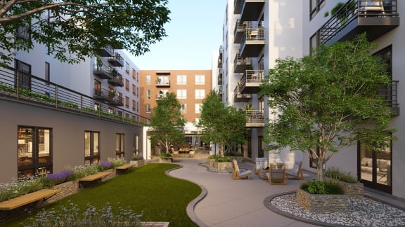 Beautiful Courtyard at Aspire11 Apartments in Tacoma, Washington